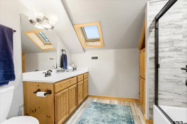 a bathroom with a sink mirror vanity and toilet