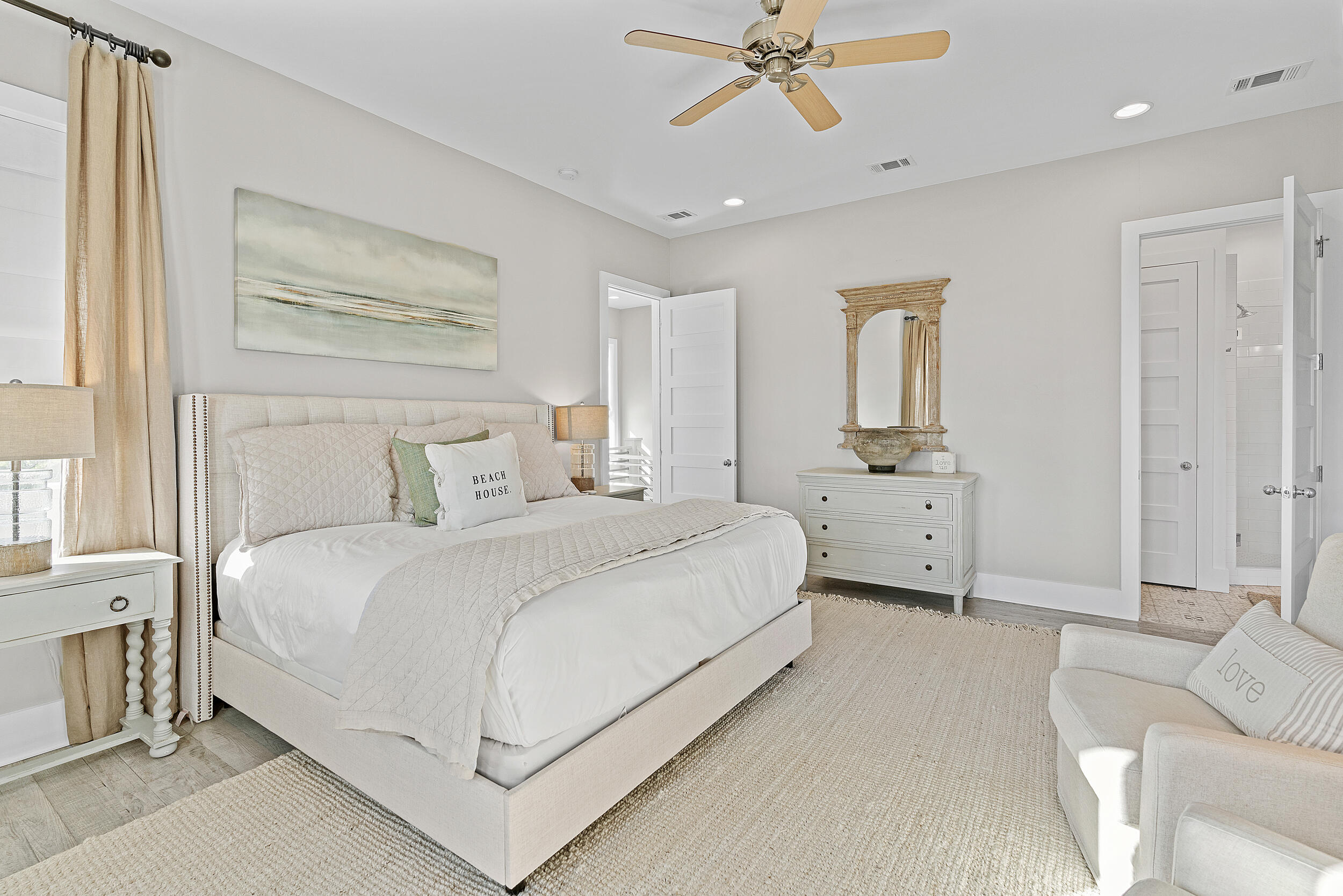 17 Pompano Court Inlet Beach, FL 32461 - Photo 37 of 48 a bedroom with a bed and a chandelier