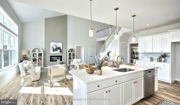 a kitchen with a sink a counter space appliances and cabinets