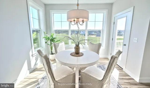a dining room with furniture and a potted plant