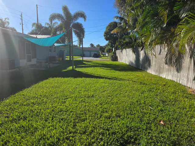 a view of a park with large trees