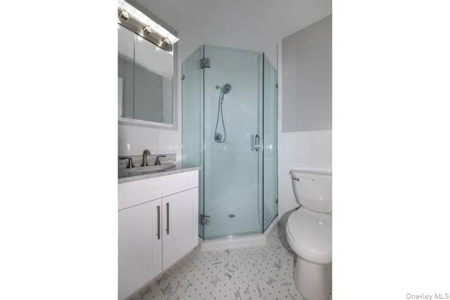 a spacious bathroom with a granite countertop sink a toilet and shower