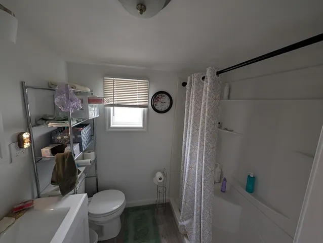 a bathroom with a toilet and a shower