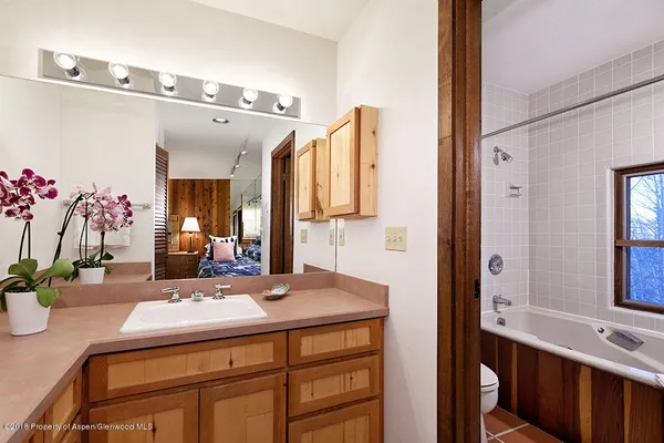 a bathroom with a sink vanity and a mirror
