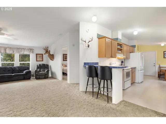 a living room with furniture and a dining table with kitchen view
