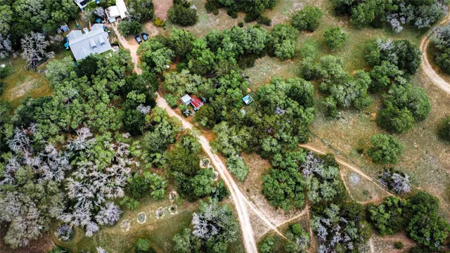an aerial view of residential house with outdoor space and trees all around