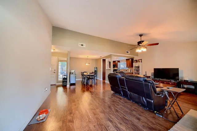 a view of a dining room with furniture