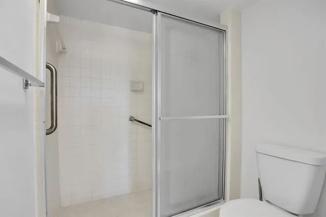 a bathroom with a shower and toilet