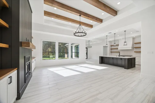 a view of a kitchen with a sink and windows