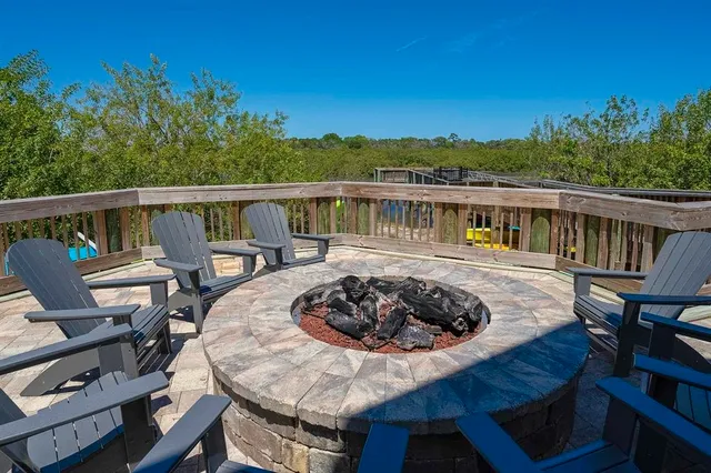 a view of a lake with a terrace