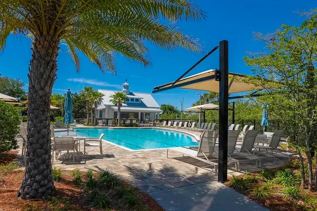 a view of swimming pool with outdoor seating and yard