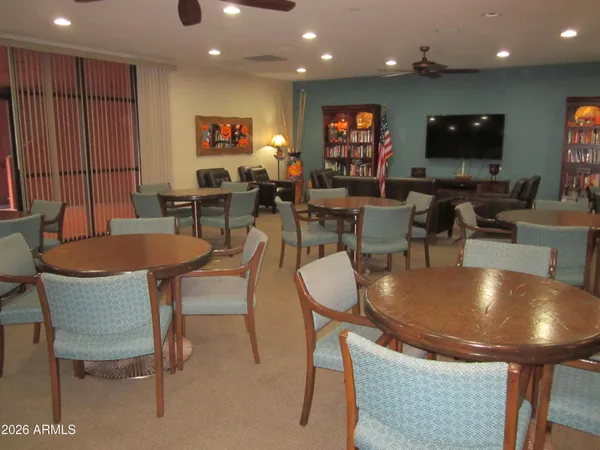 a view of a dining room with furniture