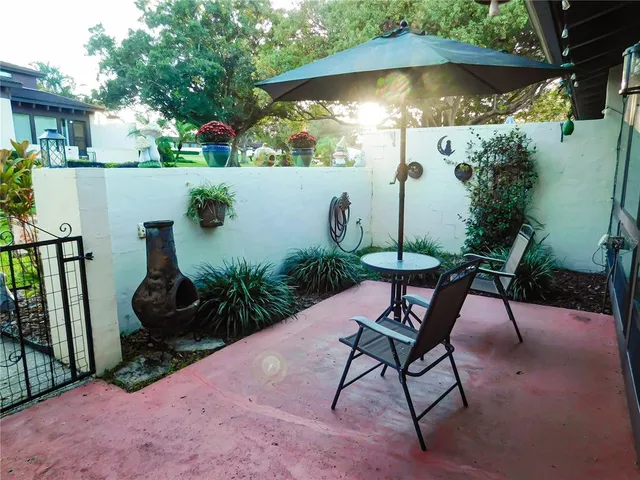 an outdoor view with patio