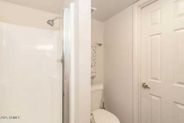 a bathroom with a toilet and a shower