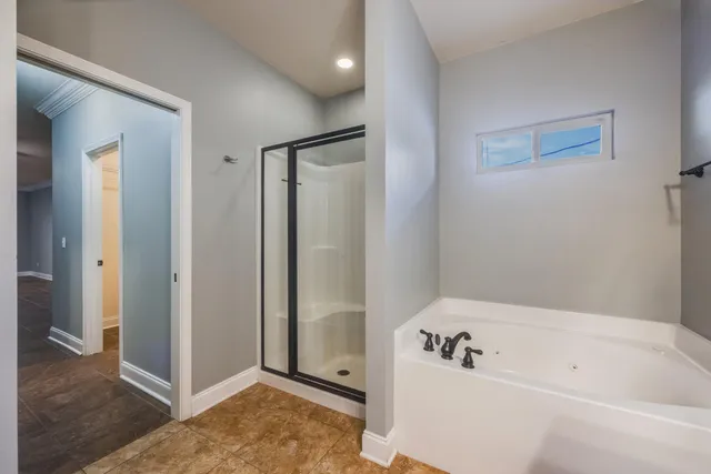 a bathroom with a bathtub and a shower