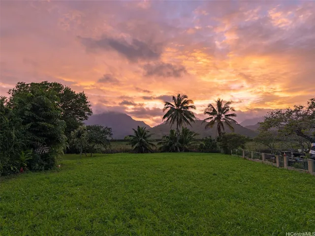a view of a big yard with swimming pool and green space