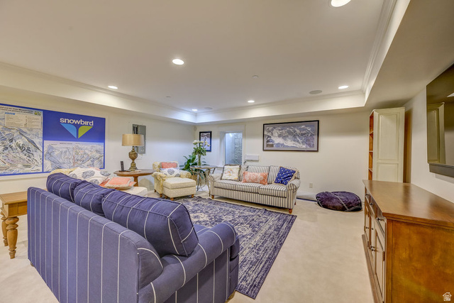 9699 Bypass Road, Unit 5 Alta, UT 84092 - Photo 8 of 54 Spacious living area featuring neutral walls, recessed lighting, crown molding, and light-colored flooring