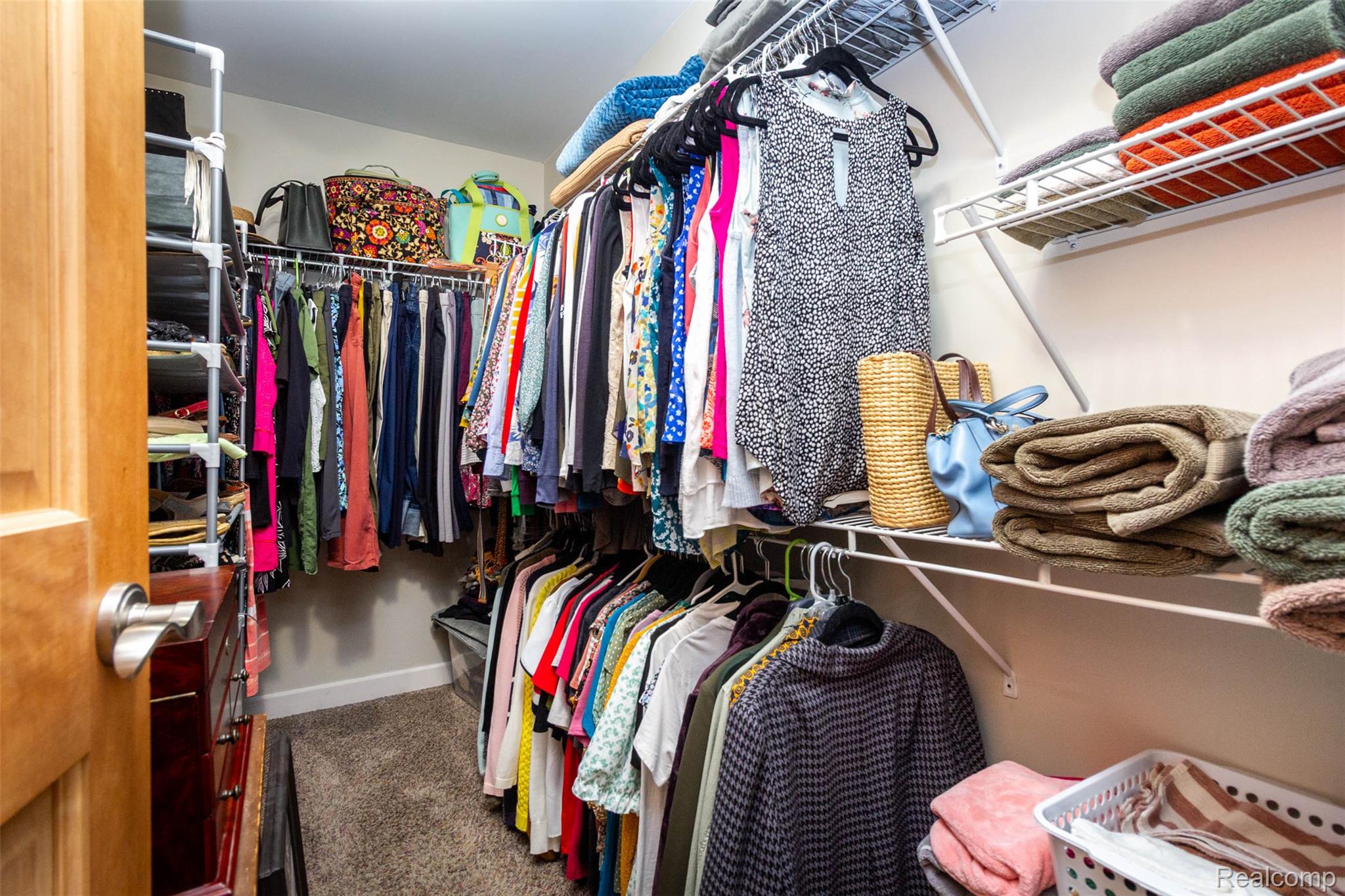 9887 Hadley Road Clarkston, MI 48348 - Photo 19 of 56 Walk-in closet featuring carpet flooring, built-in shelving, and hanging rods