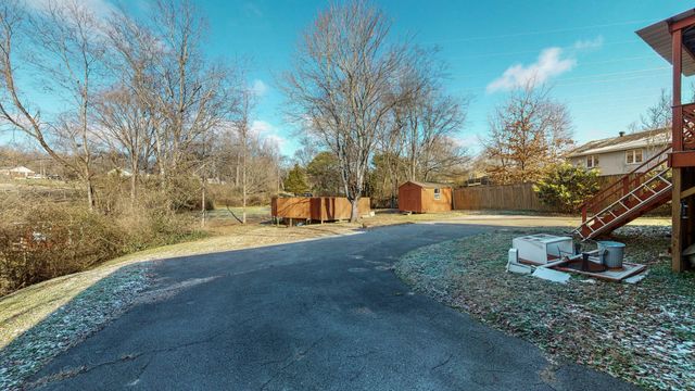 a view of a park with large trees