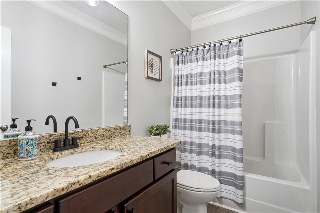 302 Spence Circle Ball Ground, GA 30107 - Photo 29 of 55 a bathroom with a granite countertop sink a toilet a mirror and shower curtain