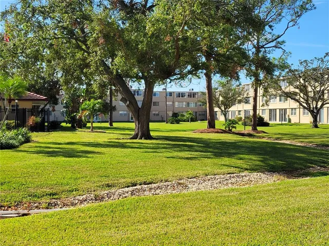a view of a swimming pool with a yard and plants