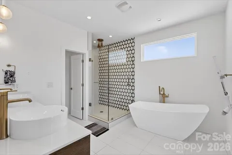 a bathroom with a double vanity sink mirror and shower