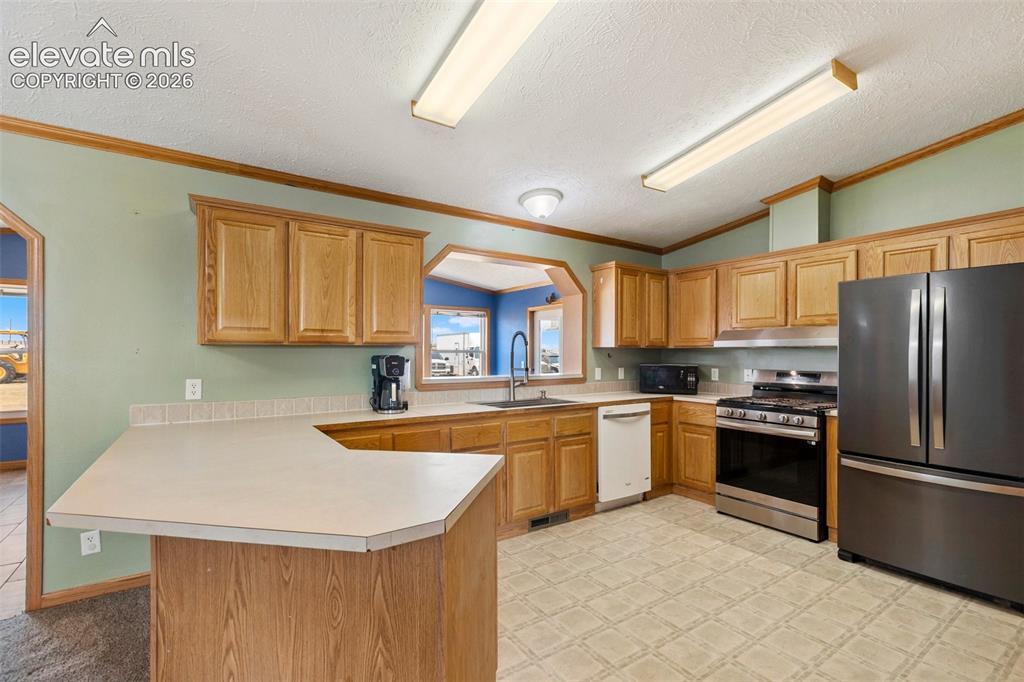 1350 South Calhan Highway Yoder, CO 80864 - Photo 22 of 45 Kitchen featuring wood-finish cabinetry, a peninsula with a countertop, stainless steel appliances, and a tiled backsplash