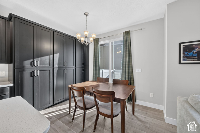 1081 Bowery Way Mapleton, UT 84664 - Photo 11 of 41 Full-height cabinetry, sliding glass door, overhead chandelier, light wood-finish flooring, and light-toned walls