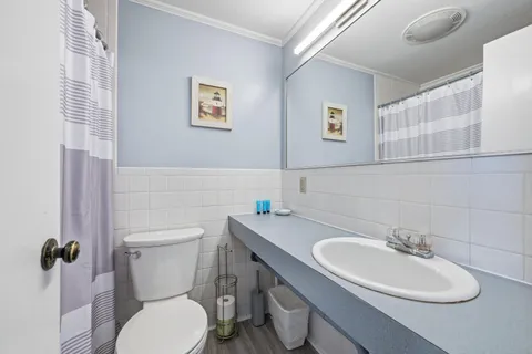 a bathroom with a sink mirror and toilet