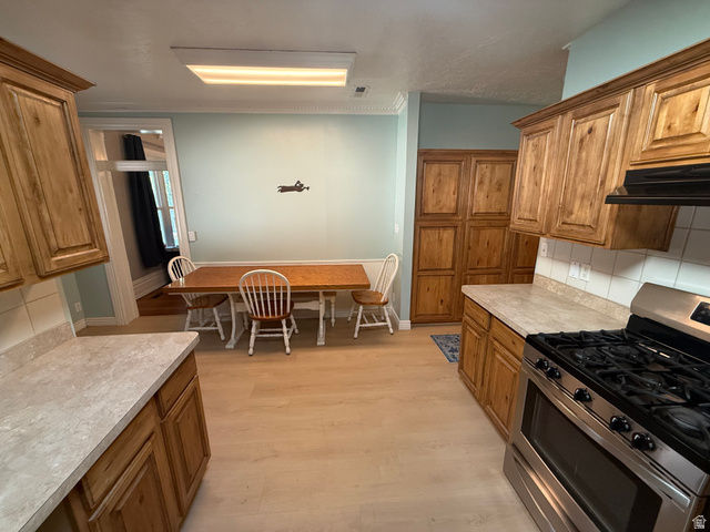 541 300 North Provo, UT 84606 - Photo 19 of 36 Kitchen featuring abundant wood-finish cabinetry, light-toned countertops, and wood-finish flooring
