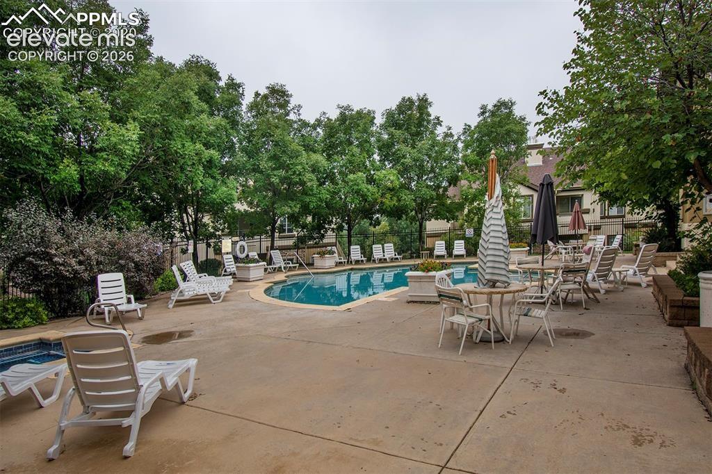 3715 Riviera Grove, Unit 101 Colorado Springs, CO 80922 - Photo 3 of 36 Outdoor pool area featuring a curved swimming pool, expansive concrete decking, and mature perimeter trees
