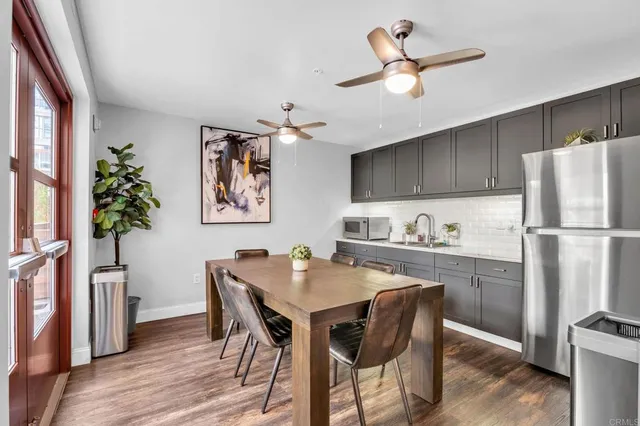 a view of a large building with a bench