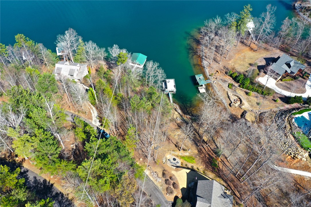 Lot 5 Royal Reserve Sunset, SC 29685 - Photo 7 of 50 This aerial view showcases a serene lakefront property with private docks and lush surrounding landscape.
