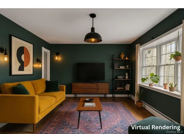 a living room with furniture a rug and a flat screen tv