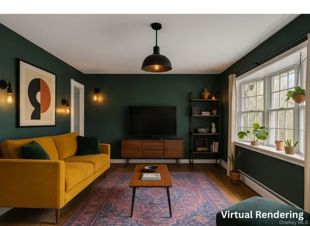 a living room with furniture a rug and a flat screen tv