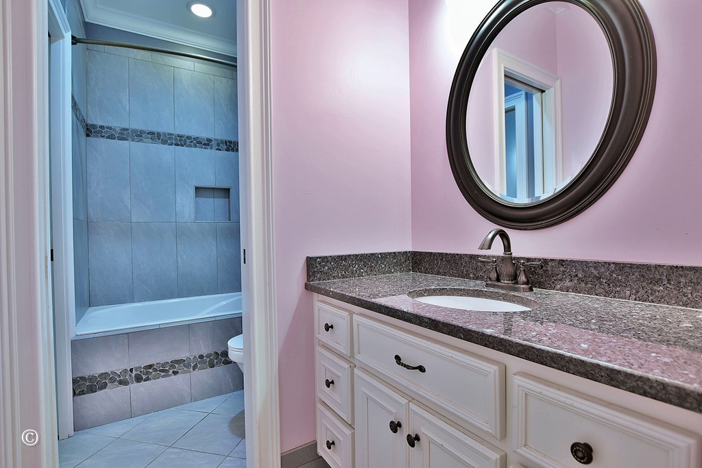 50 Grizzly Court Fortson, GA 31808 - Photo 42 of 59 a bathroom with a granite countertop sink a mirror and shower