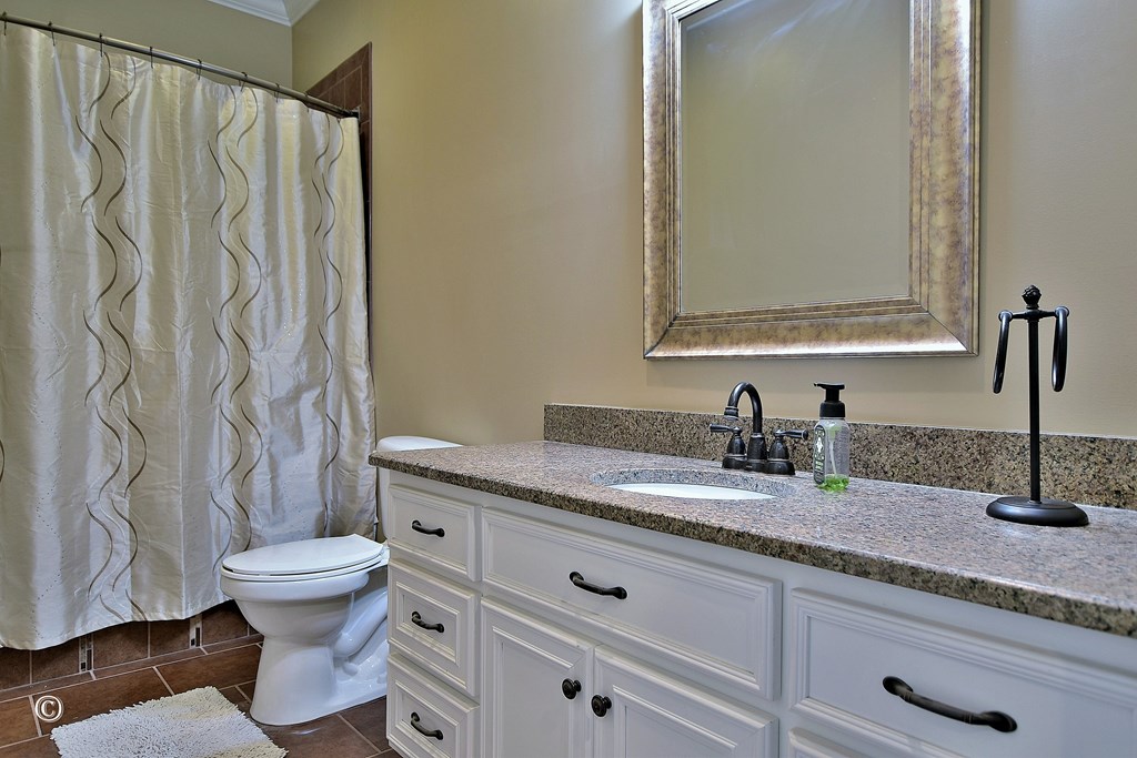 50 Grizzly Court Fortson, GA 31808 - Photo 49 of 59 a bathroom with a granite countertop sink a toilet and a mirror