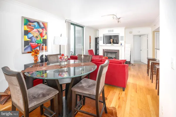 a view of a dining room with furniture
