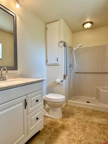 a bathroom with a sink a toilet and shower