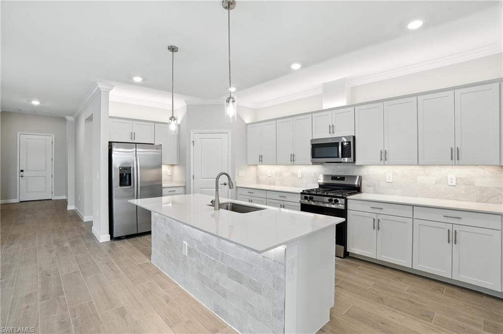 19105 Hinkley Drive Estero, FL 33928 - Photo 12 of 48 Kitchen with stainless steel appliances, crown molding, tasteful backsplash, light wood-style floors, and recessed lighting