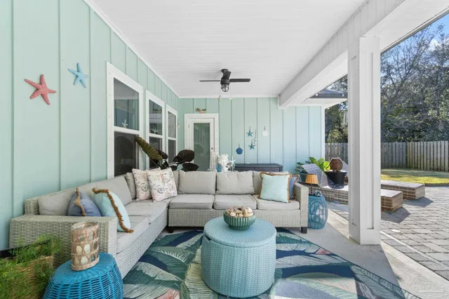 an aerial view of a house with a outdoor space