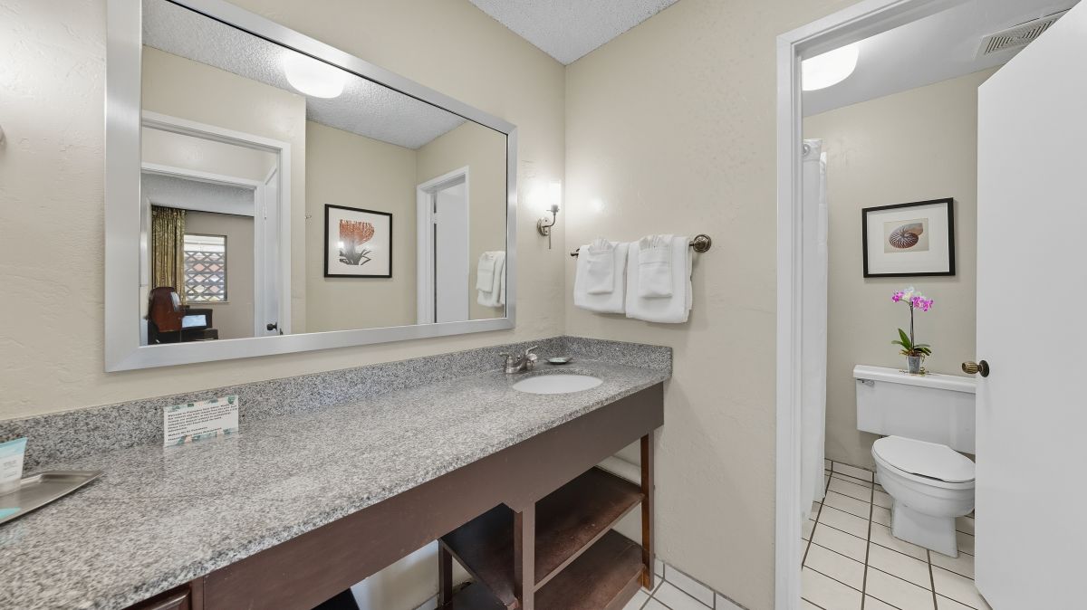 525 Aleka Loop, Unit A12 Kapaa, HI 96746 - Photo 15 of 20 a bathroom with a granite countertop sink a toilet and a mirror