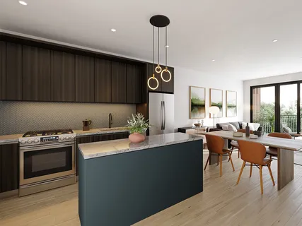 a kitchen with a stove a refrigerator and a dining table with wooden floor