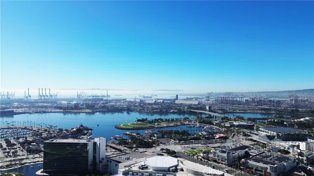 an aerial view of a building with outdoor space