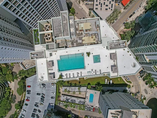 an aerial view of a building with street view