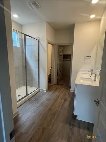a bathroom with a sink mirror and shower