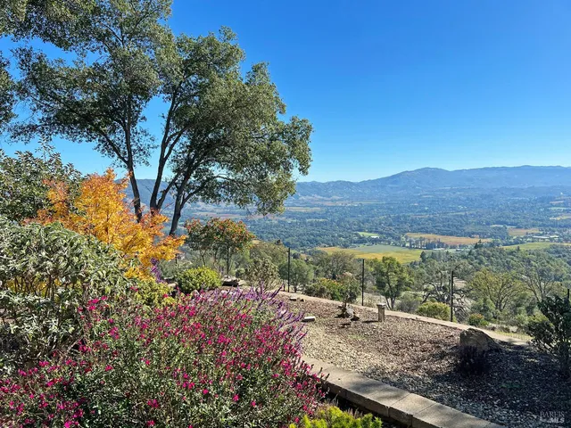a view of a swimming pool with a mountain