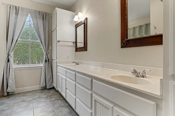 a bathroom with a double vanity sink a mirror and a shower