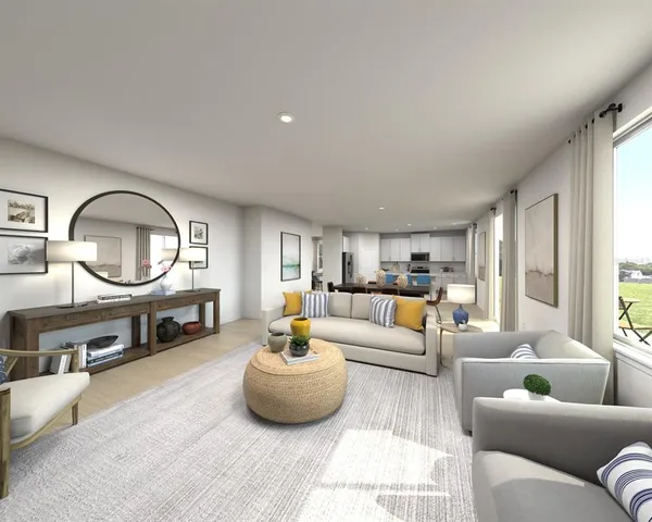 a living room with furniture a mirror and a wooden floor