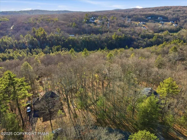 an aerial view of houses covered in trees